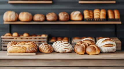 A 3D view of a bakery with modern industrial decor, filled with an assortment of rustic bread and rolls, 3D view, bakery, industrial decor