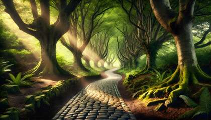 Sunlit Forest Path with Ancient Trees and Cobblestones
