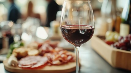 Naklejka premium Detailed shot of a red wine glass resting on a bar counter, with a fuzzy backdrop of guests and a spread of charcuterie, creating an inviting atmosphere at a wine tasting gathering