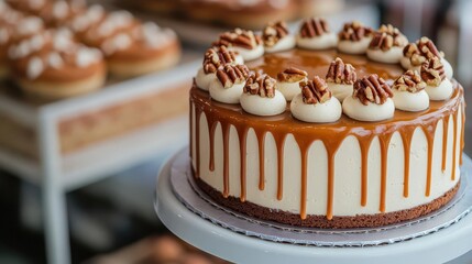 A 3D close-up of a cake topped with dripping caramel and nuts, displayed prominently in a bakery window, 3D close-up, caramel cake, bakery window