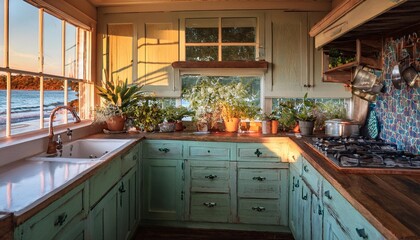 Coastal kitchen with weathered wood cabinets and sea glass accents
