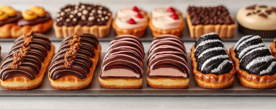 A 3D model of a bakery s pastry display, with detailed eclairs, tarts, and chocolate mousse cakes, 3D model, pastry display, mousse cakes