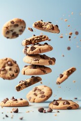 A stack of chocolate chip cookies falling through the air 