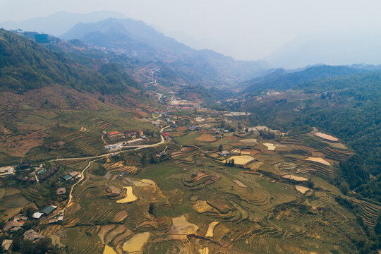 Terraced rice fields on serene hills in Vietnam