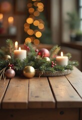 An empty wooden Table With Christmas Decorations In A Blurried Background