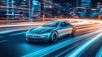 Fototapeta premium Self-driving car on a high-tech urban road with flowing light streaks, representing advanced connectivity and innovative transportation solutions 