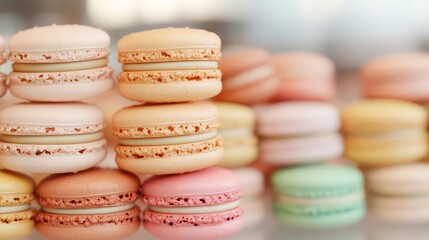 Fototapeta premium A 3D animation of macarons being carefully stacked in a bakery s display window, 3D animation, macarons, stacking