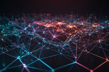 Obraz premium A digital representation of interconnected nodes and lines, symbolizing complex data networks, artificial intelligence, or digital connectivity in the tech world.