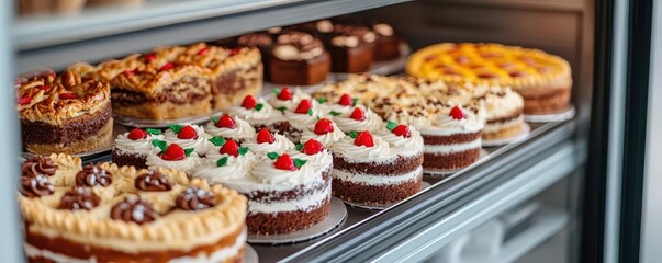 A 3D bakery case filled with a variety of cakes and pies, each with intricate designs and toppings, 3D bakery case, cakes, pies