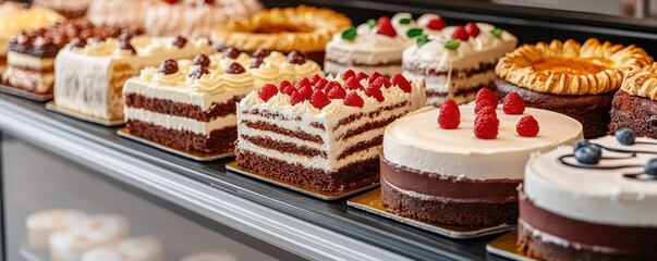 Fototapeta premium A 3D bakery case filled with a variety of cakes and pies, each with intricate designs and toppings, 3D bakery case, cakes, pies