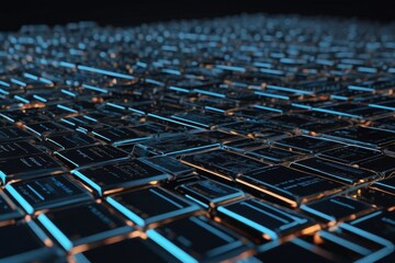 Obraz premium Futuristic Digital Interface with Blue and Black Circuit Panels Illuminated by Ethereal Light