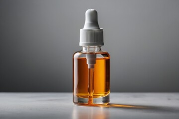 Fototapeta premium Amber Dropper Bottle with Liquid on Grey Background for Aromatherapy and Skincare