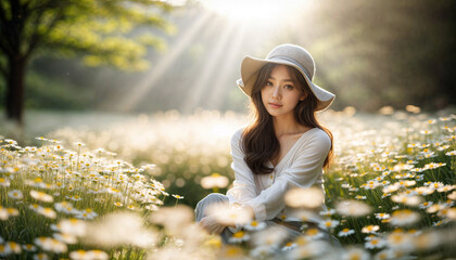 Image of a young woman in a field with autumn flowers blooming
