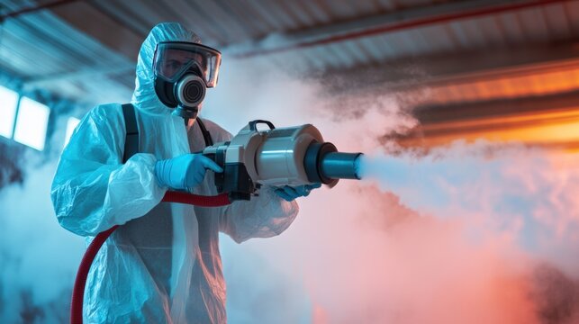 Worker in a protective suit using a fumigation machine to exterminate pests in a commercial facility
