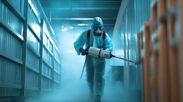 Worker in a protective suit using a fumigation machine to exterminate pests in a commercial facility