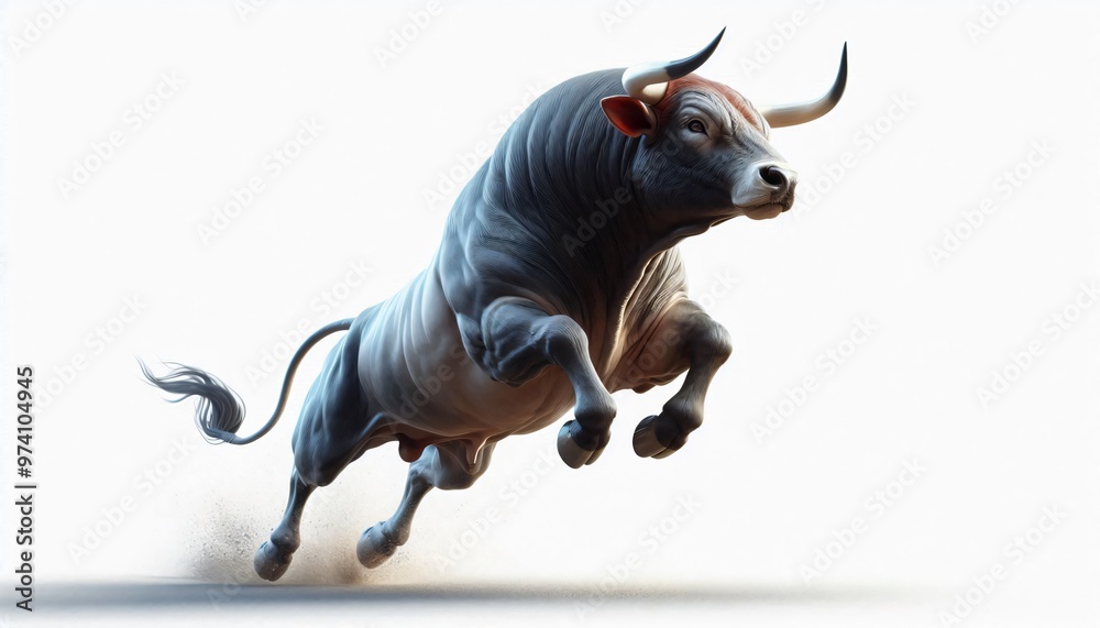 Wall mural powerful bull charging forward with white background