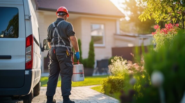 Pest control van parked outside a house with technicians preparing equipment for a job