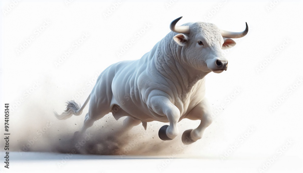 Canvas Prints white bull charging with dust on white background