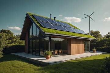 Obraz premium Modern Eco-Friendly Home with Solar Panels and Wind Turbine in Green Landscape