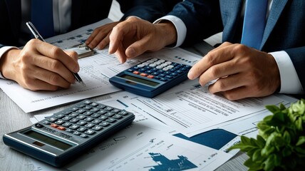 Business professionals collaborating on financial documents using calculators for data analysis and decision-making.
