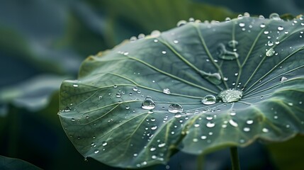 A close-up image of a lotus leaf with water droplets sitting on its surface, emphasizing the natural repellency and vibrant green tones of the leaf. 8k UHD, suitable for high-quality printing 