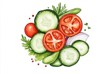 Watercolor Illustration of Freshly Sliced Vegetables in Circular Arrangement