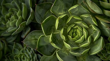 Fototapeta premium A close-up view of a succulent plant with its thick, fleshy leaves in vibrant green tones, focusing on the geometric patterns of the plant. 8k UHD, suitable for high-quality printing or digital 