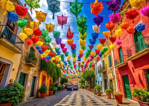 colorful papel picado, pi&ntilde;atas, and festive decorations adorn a sun-kissed Mexican street, celebrating Agosto, the