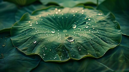 A close-up image of a lotus leaf with water droplets sitting on its surface, emphasizing the natural repellency and vibrant green tones of the leaf. 8k UHD, suitable for high-quality printing 