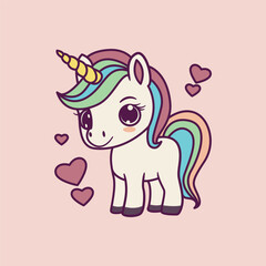 Naklejka premium Cartoon Kawaii Unicorn with Pink Hair Icon Illustration 