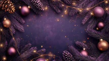 Fototapeta premium Lavender and Gold Holiday Decor, a vibrant display of lavender sprigs, shimmering ornaments, twinkling lights, centered on a rich dark purple backdrop for creative uses.