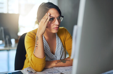 Computer, stress and glitch with business woman in office for fatigue, headache and project...
