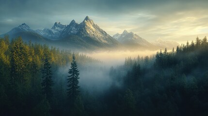 Obraz premium mountain range at dawn. The scene showcases towering peaks emerging through the thick fog