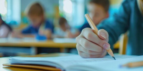 Close up of a professional teacher assisting students in a classroom during an educational activity