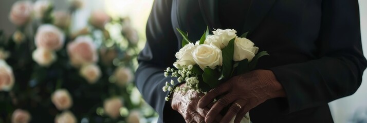 Close up of a bereavement coordinator providing support with a bouquet of white roses in a serene and supportive environment