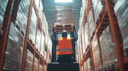 worker driver at warehouse forklift loader works