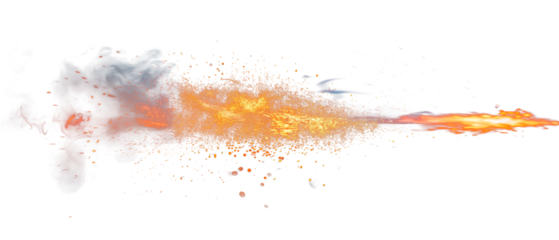 Overlaying a muzzle flash on a white or transparent background. Close-up of flames escaping from the barrel of a firearm. Design element depicting flash at the moment of shooting