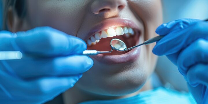 A dental assistant carefully examines a patient’s teeth during a routine dental examination in a bright, modern clinic environment