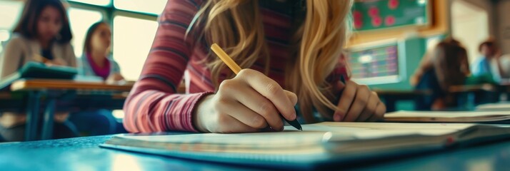 Close-up of a dedicated high school teacher assisting students with assignments in a classroom setting