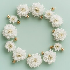 Minimalist Holiday Frame, elegant arrangement of white chrysanthemums and golden bells, central space for text or product display, set against a soft green backdrop.