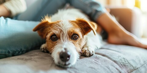Close-up of a professional pet psychologist engaging with a dog during a counseling session in a cozy, comfortable environment