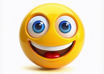 Fototapeta premium Vibrant yellow emoticon face with bright eyes and a beaming smile, isolated on a white background, conveying joy,