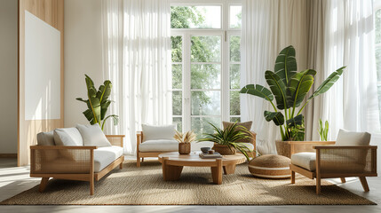Modern living room mockup, clean minimalist design. Potted plants, white walls.