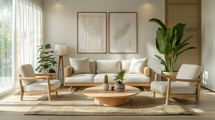 Modern living room mockup, clean minimalist design. Potted plants, white walls.
