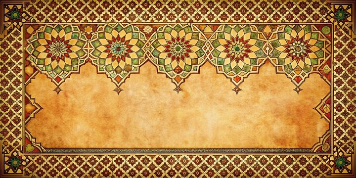 Vintage-style illustration of Morocco's distinctive border outlined in intricate patterns and Arabic calligraphy, set