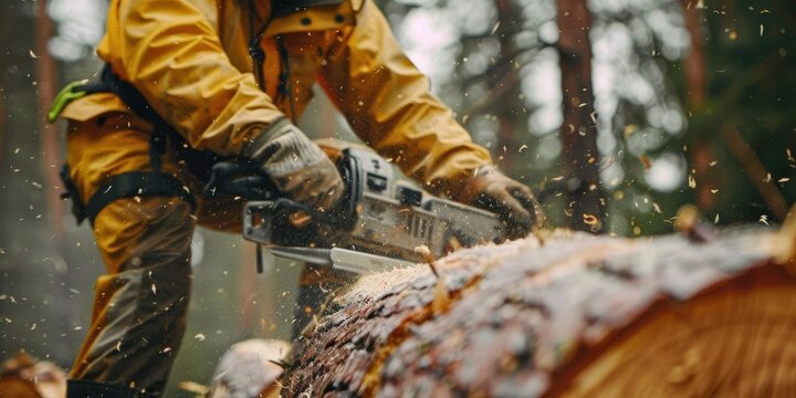 Close up of a lumberjack working with a chainsaw in a forest during a sunny day, surrounded by flying wood chips and tree trunks