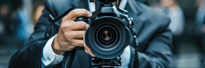 Professional reporter capturing important moments with camera during an event in an urban setting