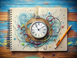 Whimsical illustration of a clock face emerging from a sketchbook, surrounded by scribbled notes and swirling lines,