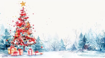 Watercolor illustration of a beautifully decorated Christmas tree in the snowy forest surrounded by wrapped gifts