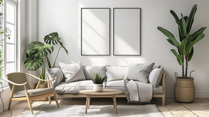 Modern living room mockup, clean minimalist design. Potted plants, white walls.